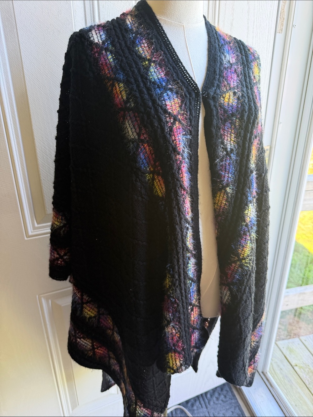 Fairycore Whimsigoth Black Open-Front Women's Knit boho rainbow Poncho - Picture 2 of 8